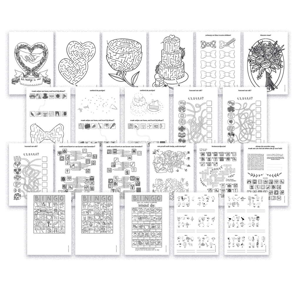 Bruiloft - printable doeboekje met puzzels, spelletjes voor kinderen (24 pagina's + kleurplaten)