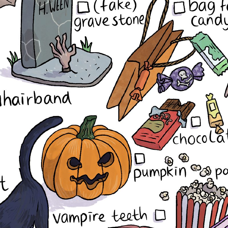 Halloween illustration details from printable bingo, chocolat, pumpkin, popcorn, candy, grave, vampire teeth, black cat.