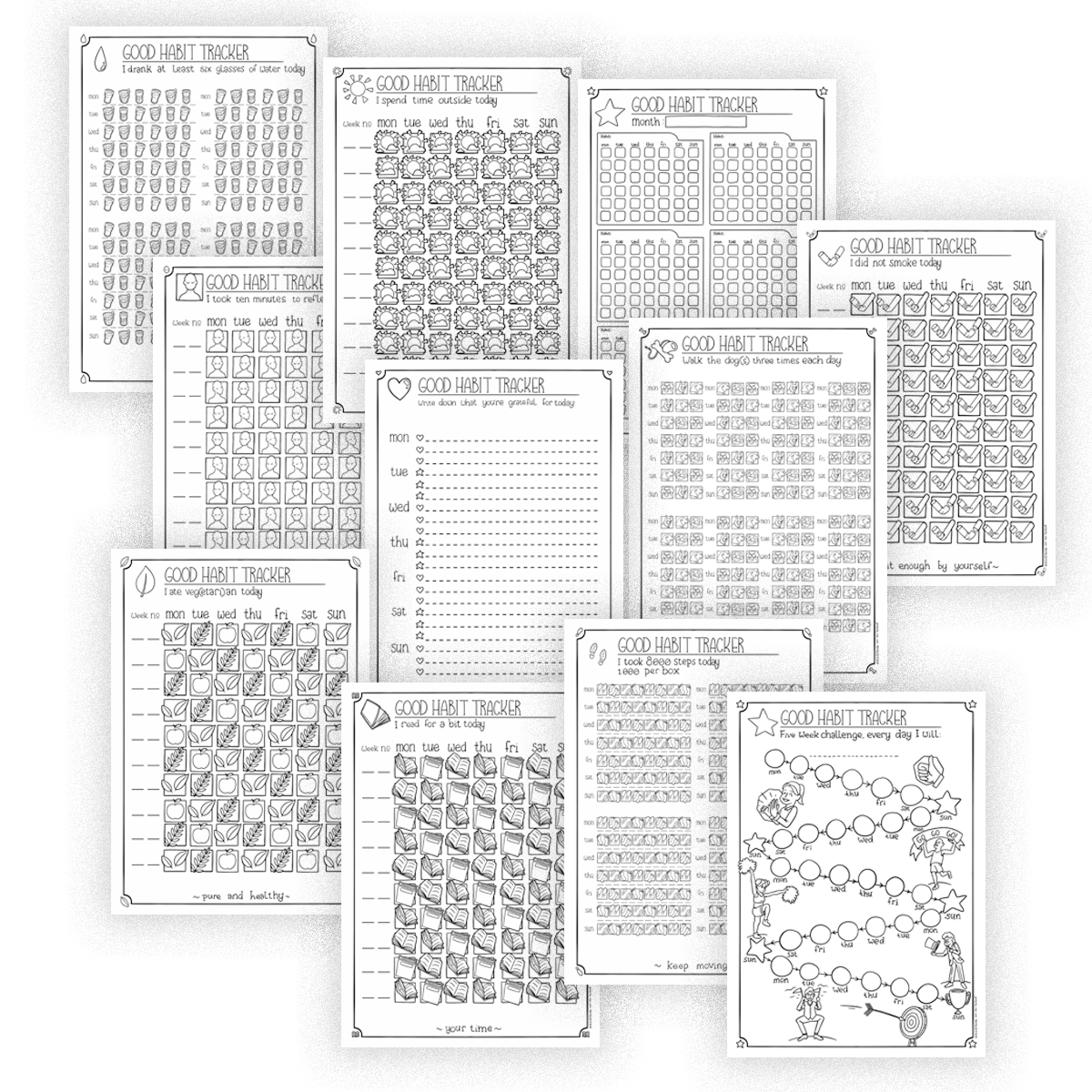 Track your good habits - printable (bundle of 11 coloring pages for adults)