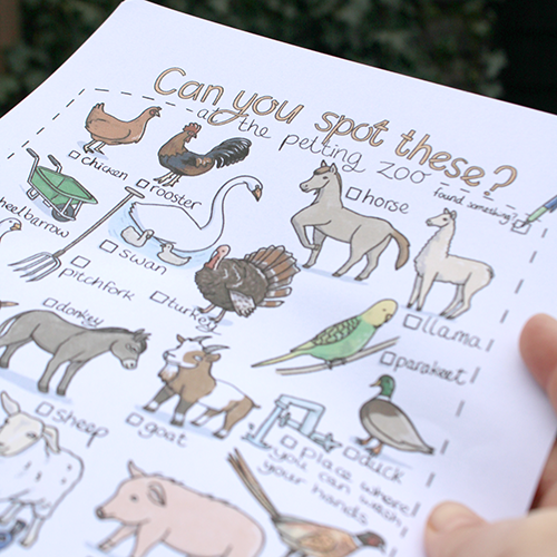 Spot these at the petting zoo - scavenger hunt printable