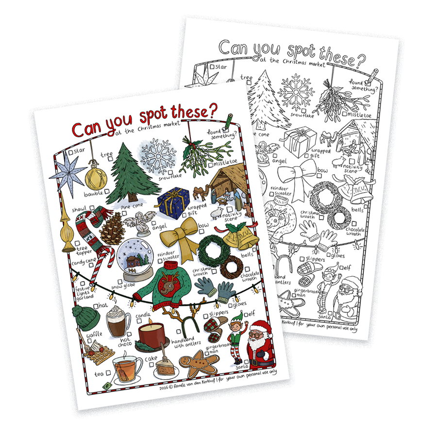 Christmas themed visual bingo, treasure hunt in colour and as a colouring page in black and white.