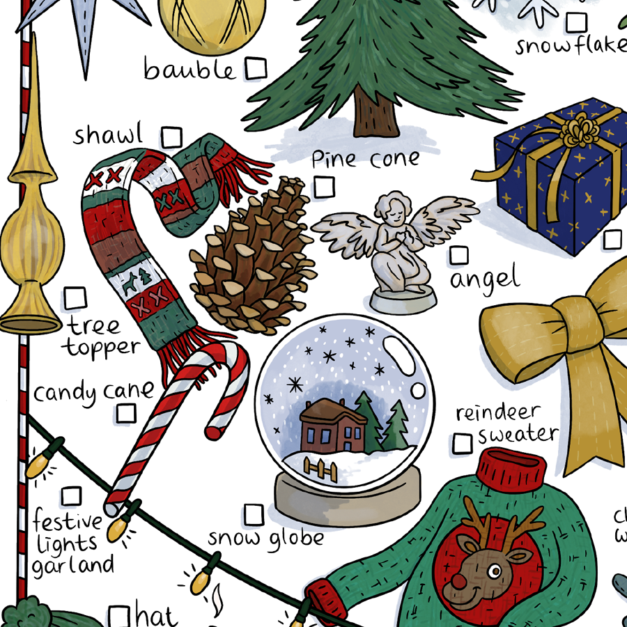Detail of christmas themed printable with pine cone, bauble, tree topper, shawl, candy cane, angel, snow globe and other illustrations.