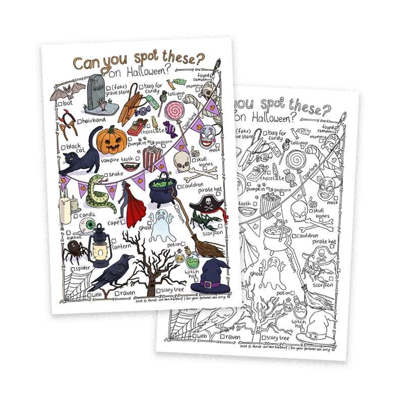 Halloween themed visual bingo, printable game for the holidays, with illustrations.