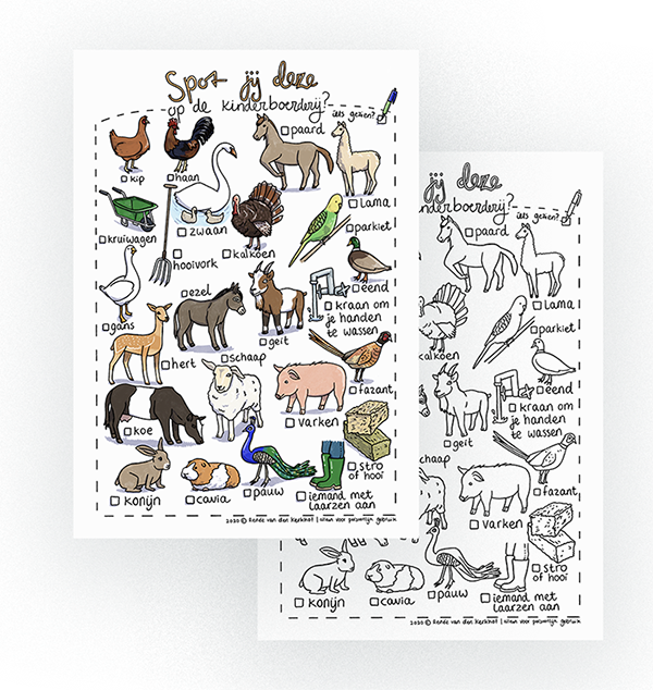 Spot jij op de kinderboerderij, speurtocht vol illustraties en dieren, ook als kleurplaat.