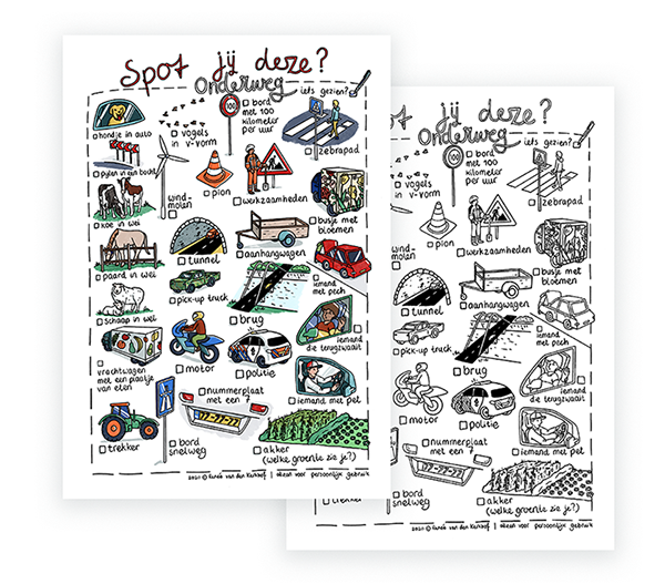 Bingo onderweg, speurtocht voor in de auto, pagina met illustraties, ook als kleurplaat.