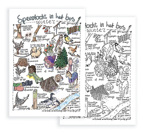 Printable speurtocht in het bos, natuur in de winter, pagina in kleur en een als kleurplaat in zwart-wit.