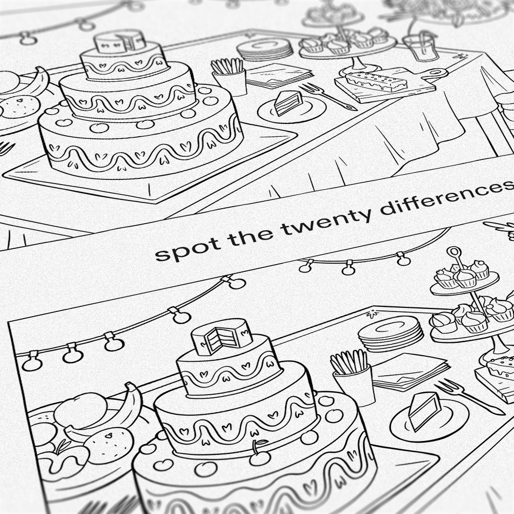 Printable drawing in wedding cake theme, spot the twenty differences.