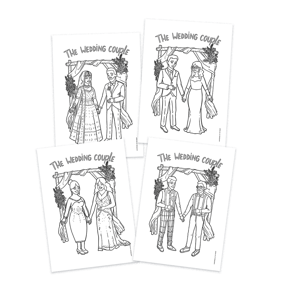Four examples of wedding couples, colouring pages, LGBT friendly themed printable.