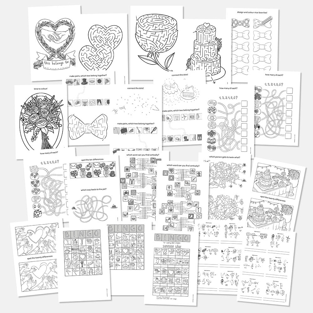 Printable pages in wedding theme, puzzles, games, kids activity sheets, colouring pages.